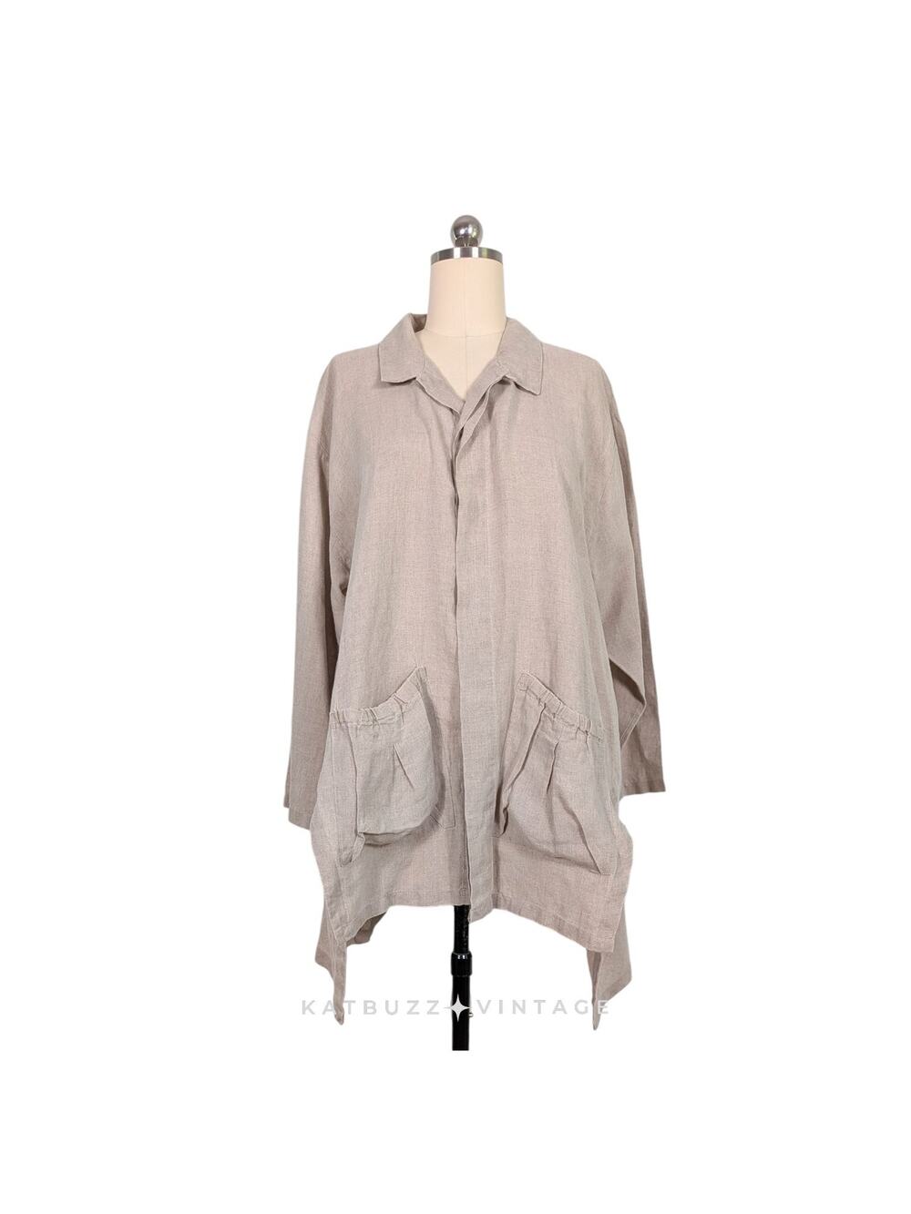 Planet Linen Jacket Tunic Button Top OS Tan Brown Khaki Natural Lagenlook Artsy